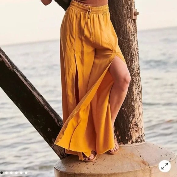 Free People Movement Abs Tracker Wide Leg Split Hem Pants YELLOW - Picture 2 of 7